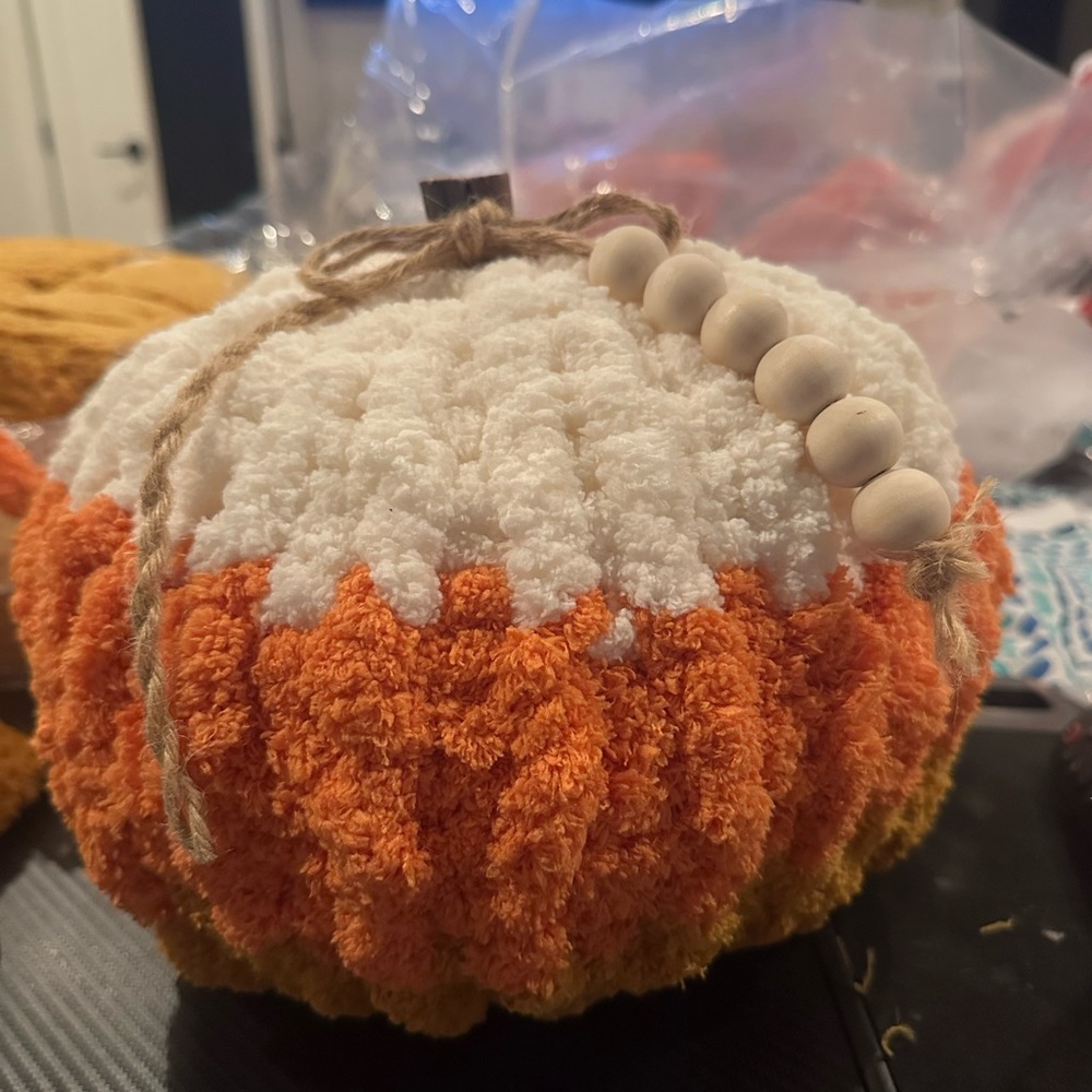 Hand made Orange and White Plush Pumpkin Decor(custom designs available) contact